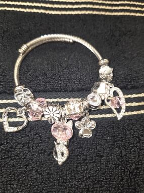 Silver Charm Bracelet with Pink Crystal Accents Cat Lover Theme NWOT
